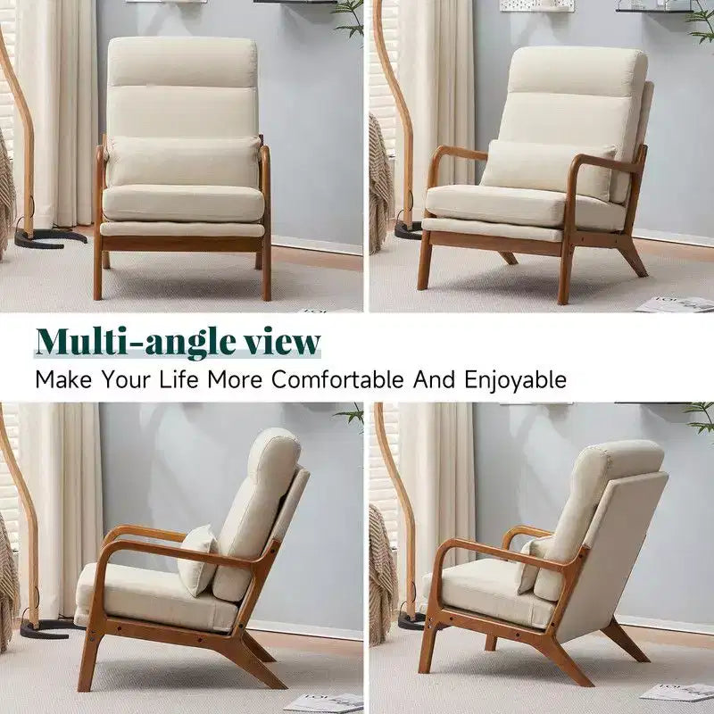 2pcs High Back Solid Wood Armrest Backrest Iron Frame Linen Indoor Leisure Chair
