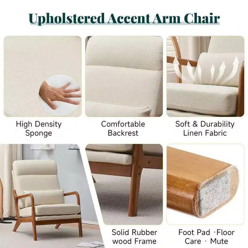 2pcs High Back Solid Wood Armrest Backrest Iron Frame Linen Indoor Leisure Chair