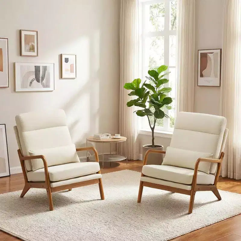 Karl Home 2pcs High Back Solid Wood Armrest Backrest Iron Frame Linen Indoor Leisure Chair