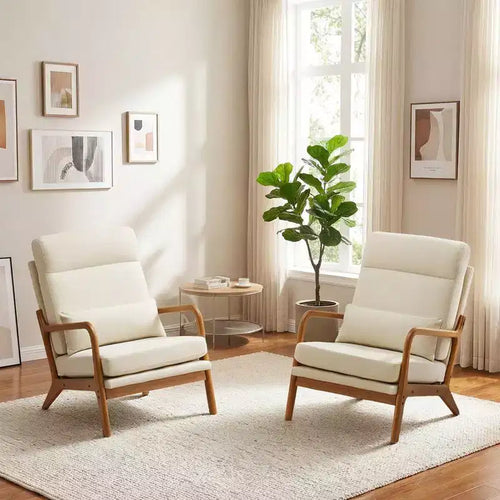 Karl Home 2pcs High Back Solid Wood Armrest Backrest Iron Frame Linen Indoor Leisure Chair