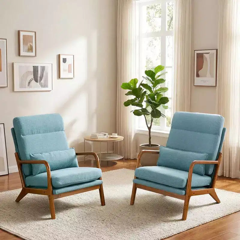 2pcs High Back Solid Wood Armrest Backrest Iron Frame Linen Indoor Leisure Chair