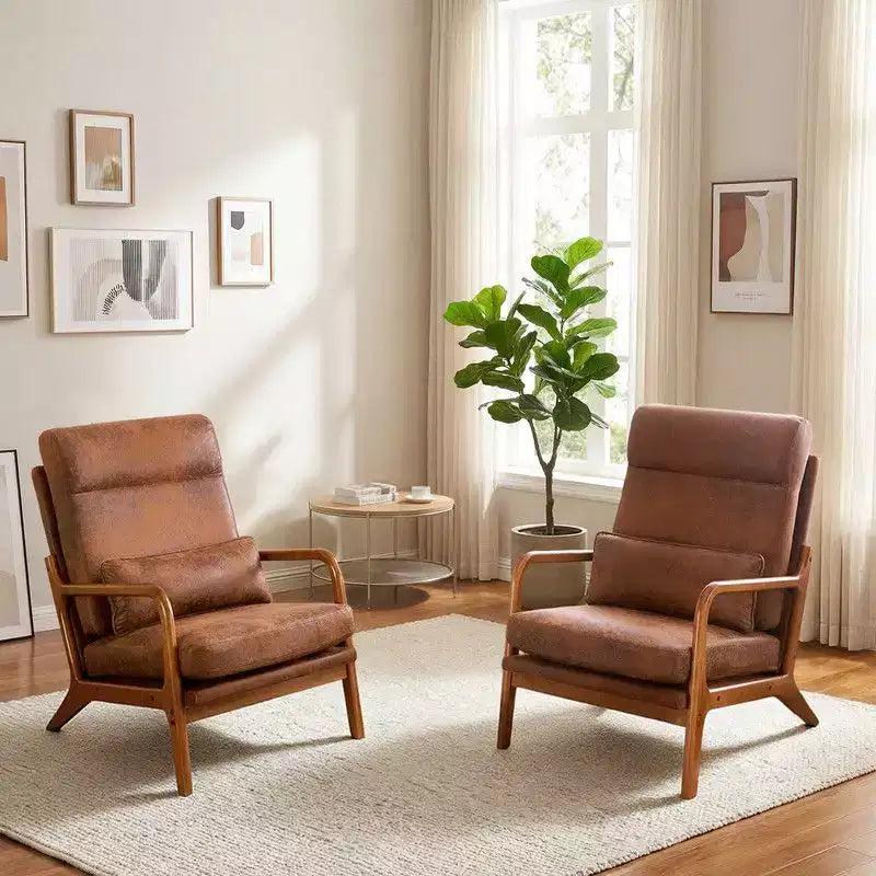 2pcs High Back Solid Wood Armrest Backrest Iron Frame Linen Indoor Leisure Chair