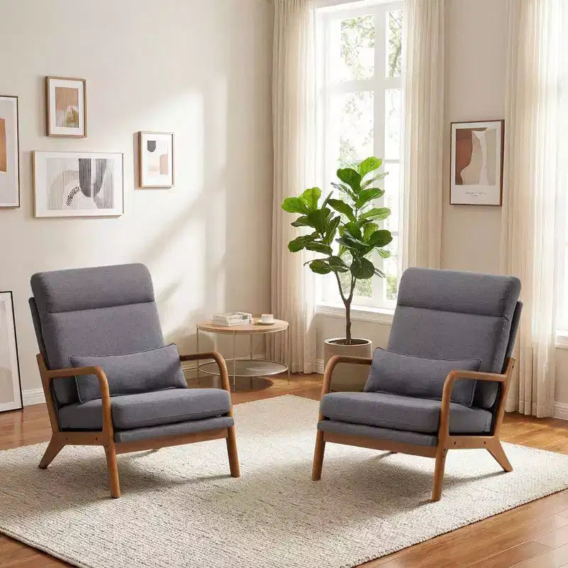 2pcs High Back Solid Wood Armrest Backrest Iron Frame Linen Indoor Leisure Chair