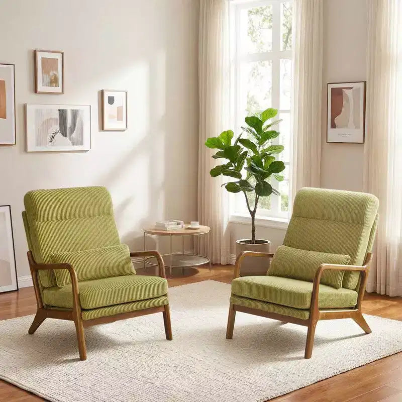 2pcs High Back Solid Wood Armrest Backrest Iron Frame Linen Indoor Leisure Chair