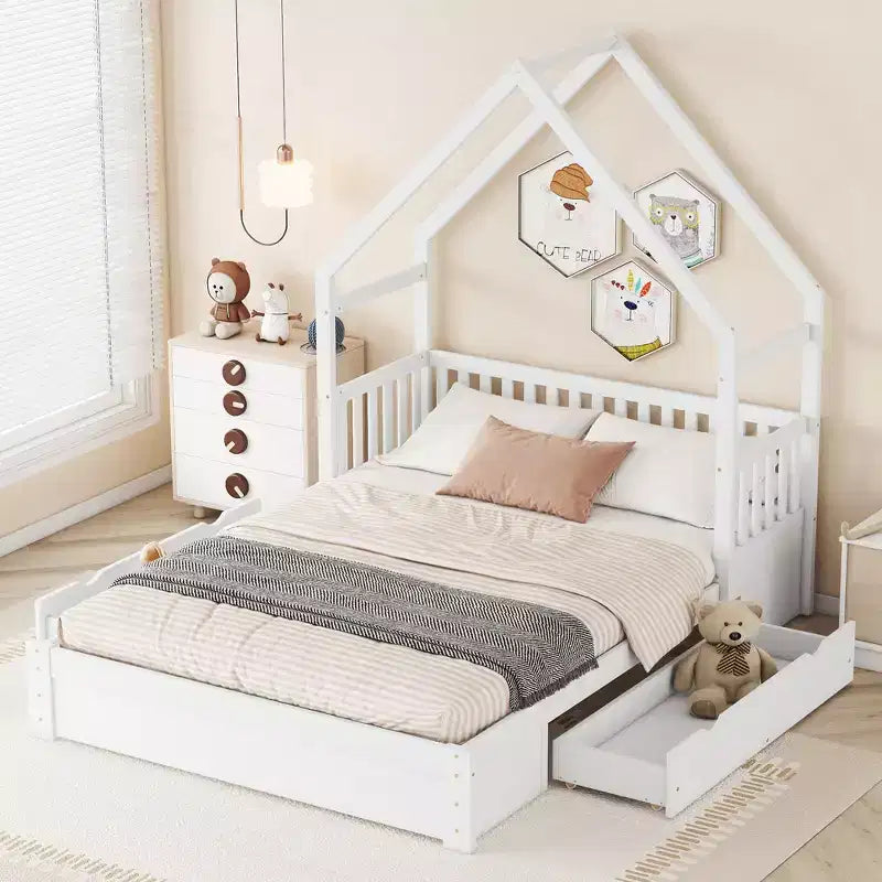FAMYYT Queen Size Wood Bed?With Guardrail, 2 Drawers, Easy Assembly