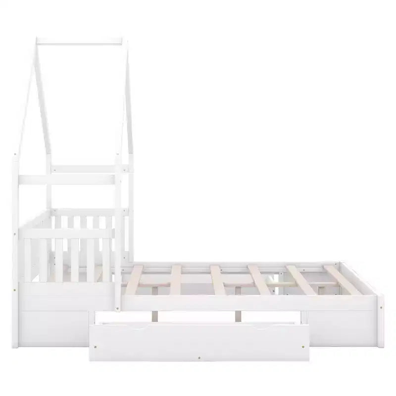 Queen Size Wood Bed?With Guardrail, 2 Drawers, Easy Assembly