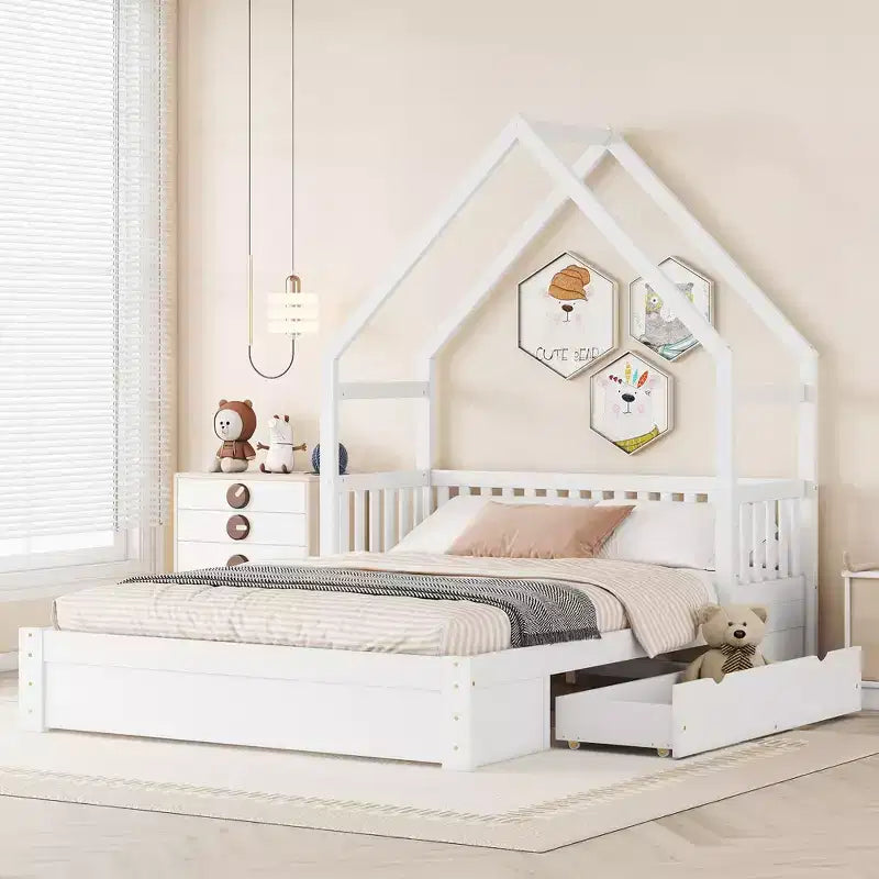 Queen Size Wood Bed?With Guardrail, 2 Drawers, Easy Assembly