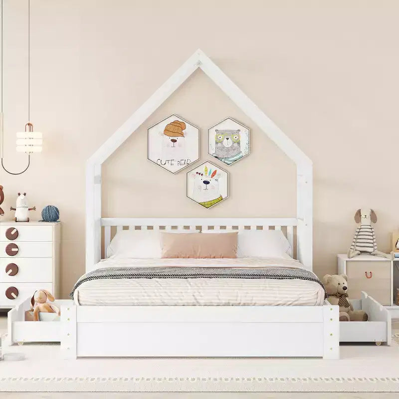 Queen Size Wood Bed?With Guardrail, 2 Drawers, Easy Assembly