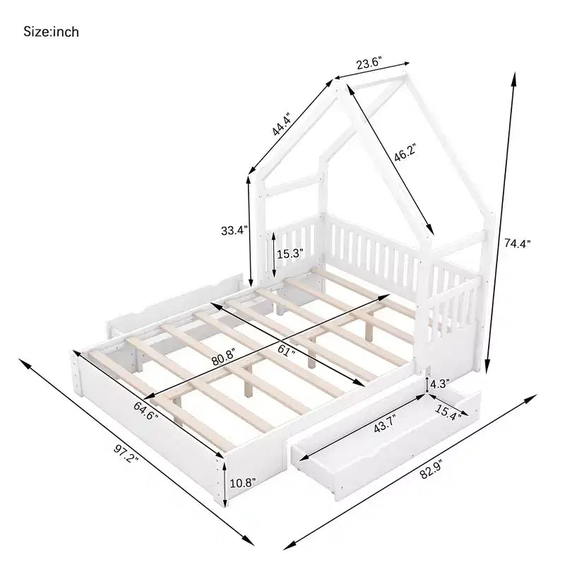 Queen Size Wood Bed?With Guardrail, 2 Drawers, Easy Assembly