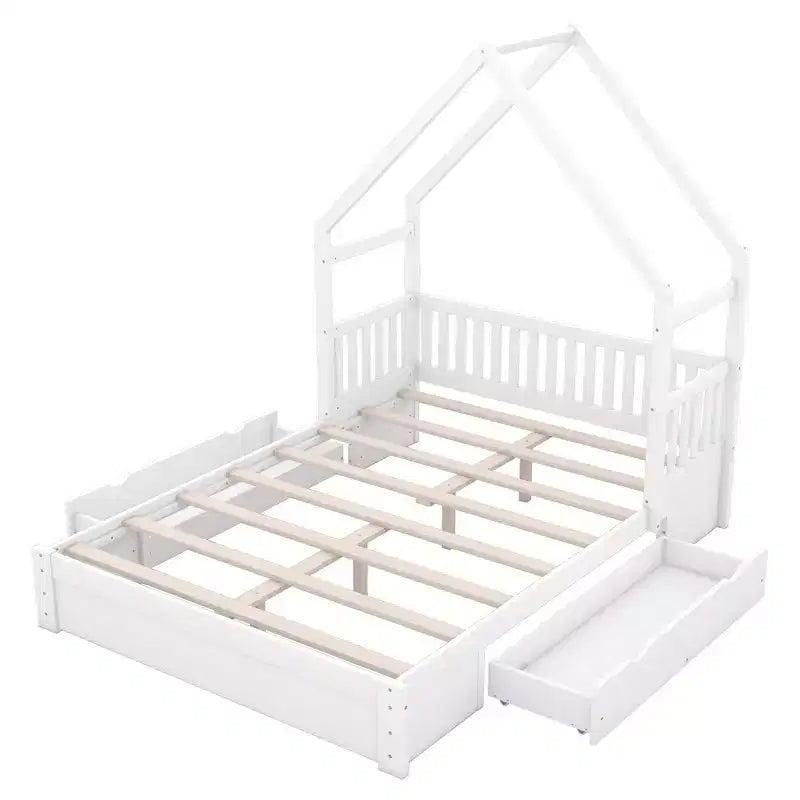 Queen Size Wood Bed?With Guardrail, 2 Drawers, Easy Assembly