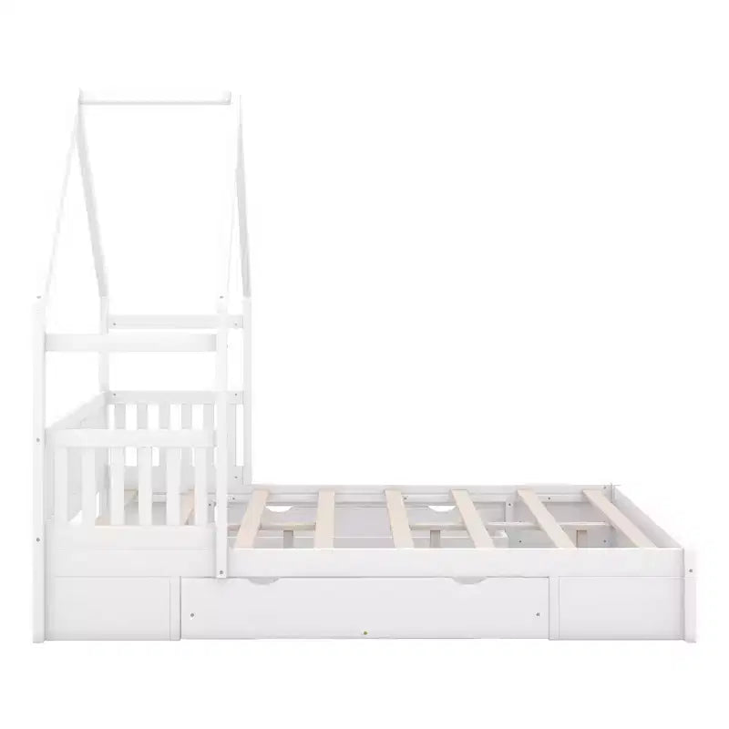 Queen Size Wood Bed?With Guardrail, 2 Drawers, Easy Assembly