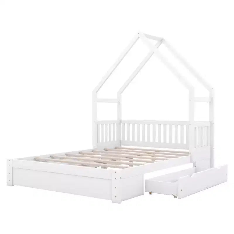 Queen Size Wood Bed?With Guardrail, 2 Drawers, Easy Assembly